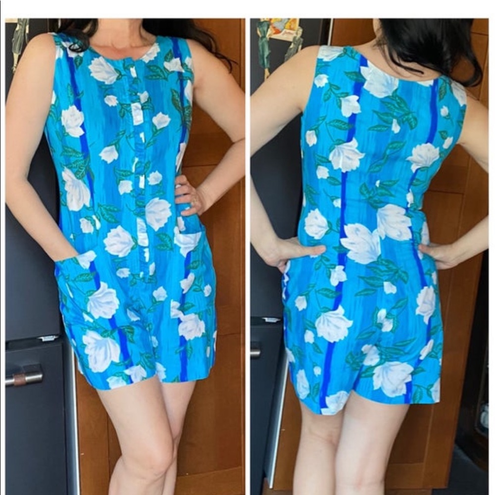 60’s Vintage Blue Floral Sleeveless Shorts Romper